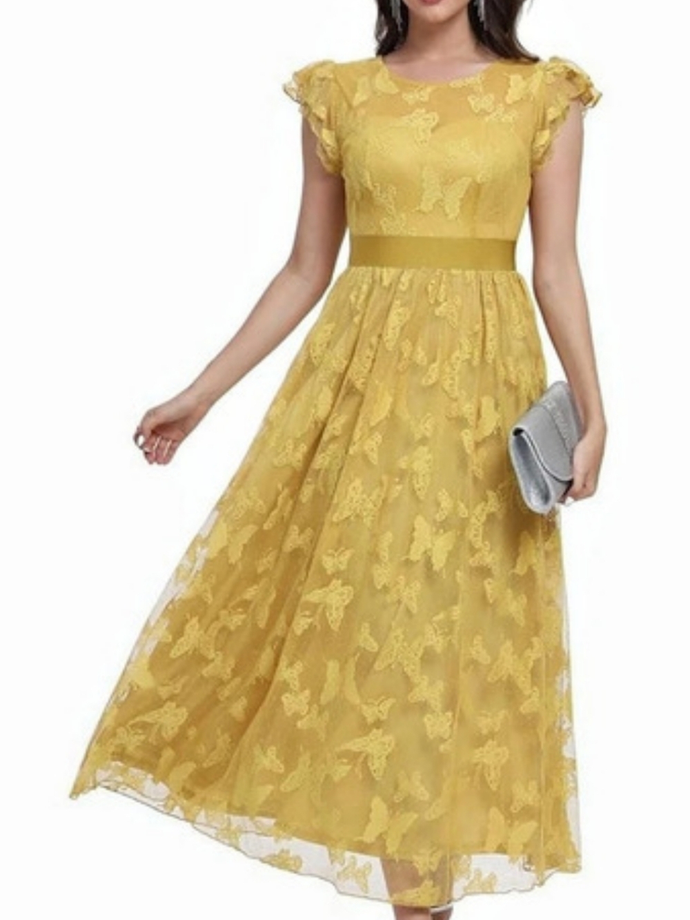 DEARMOON Lace Dress Floral Lace Midi Dress in Yellow XL NWT